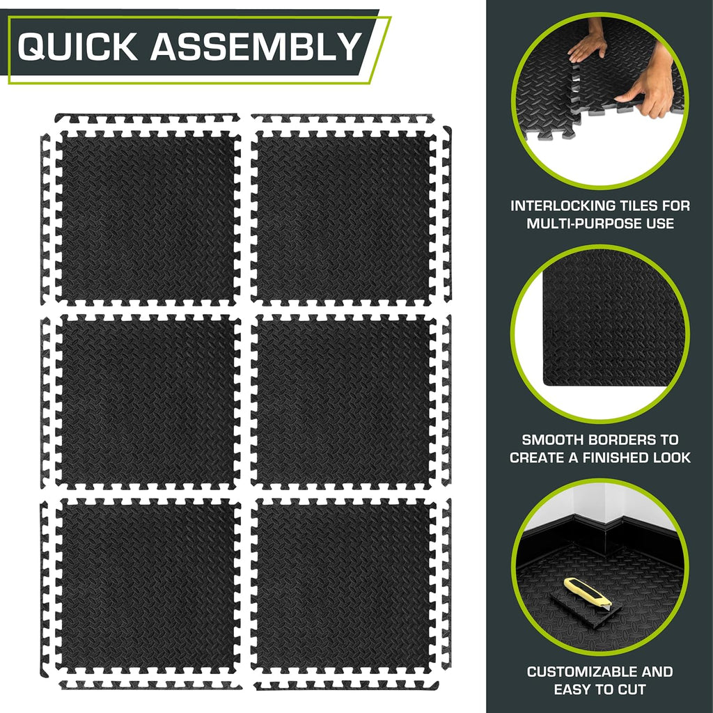 Transform Your Space with Fit Exercise Puzzle Mat ½-Inch - Durable EVA Interlocking Foam Floor Tiles for Home Gym, Workout, and Kids Play Areas - 24 SQ FT of Comfort in Black!