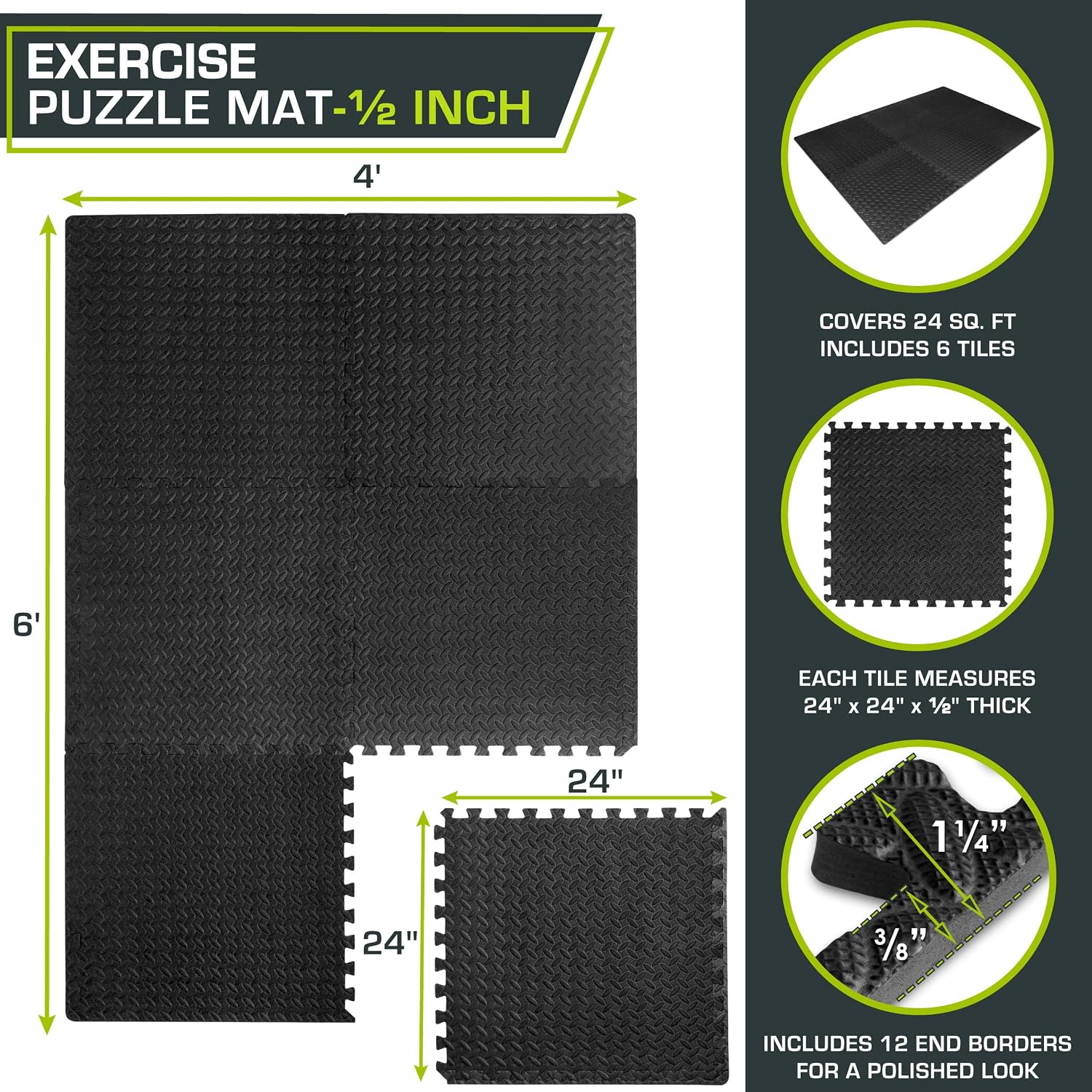 Transform Your Space with Fit Exercise Puzzle Mat ½-Inch - Durable EVA Interlocking Foam Floor Tiles for Home Gym, Workout, and Kids Play Areas - 24 SQ FT of Comfort in Black!